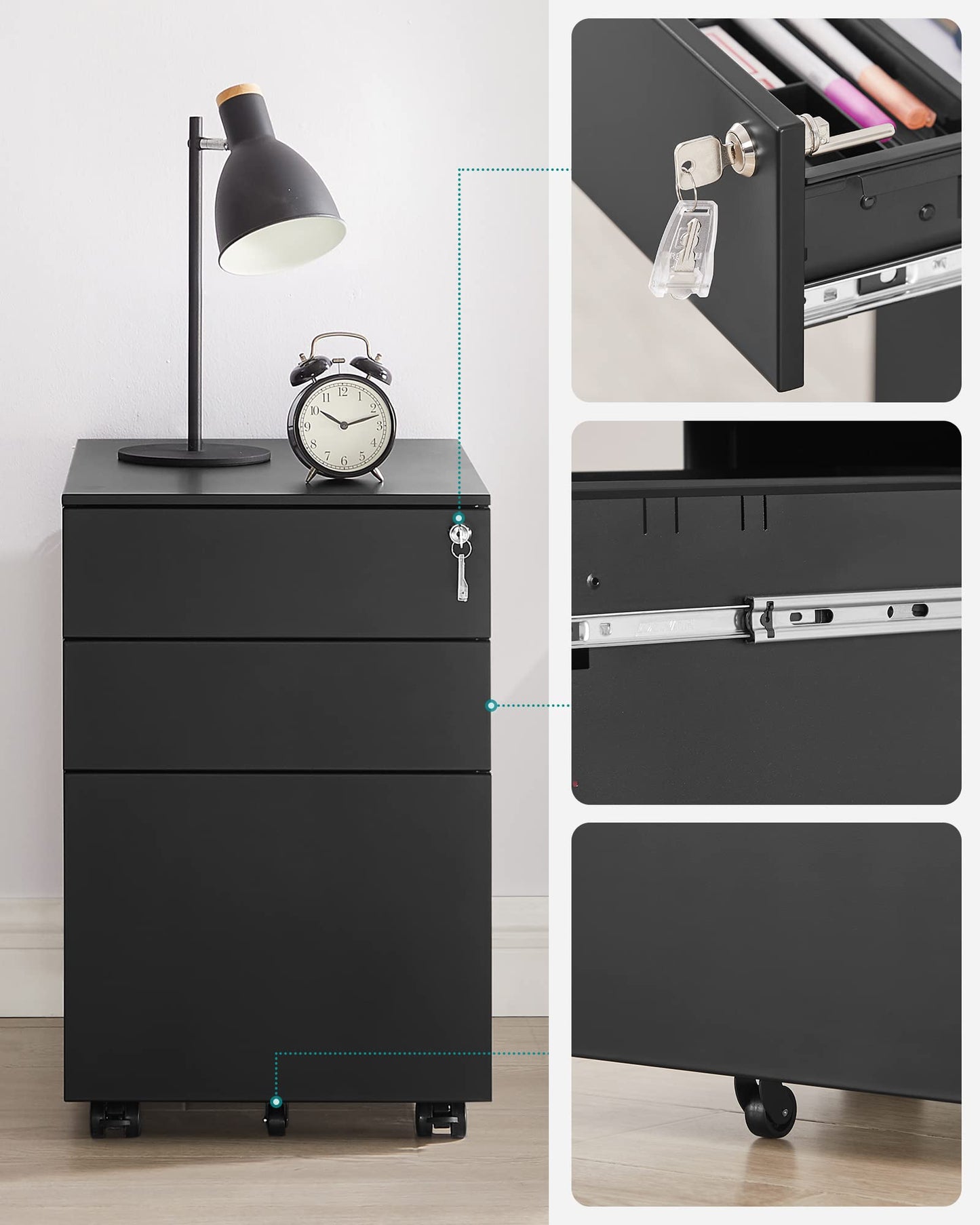 SONGMICS Rollcontainer, unter Schreibtisch, mit 3 Schublade, vormontiert, abschließbarer Büroschrank mit Hängeregistratur, für Akten, Dokumente, Schreibwaren, 52 x 39 x 60 cm, schwarz OFC60BK