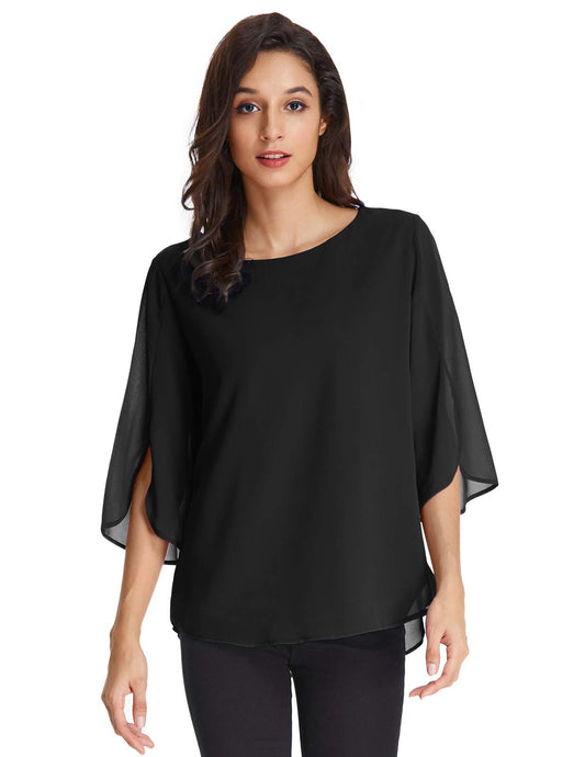 Damen Elegant Chiffon Bluse 3/4 Ärmel Oberteile Langarmshirt Rundhals Tops Casual Shirt 2XL Schwarz CLAF15-3
