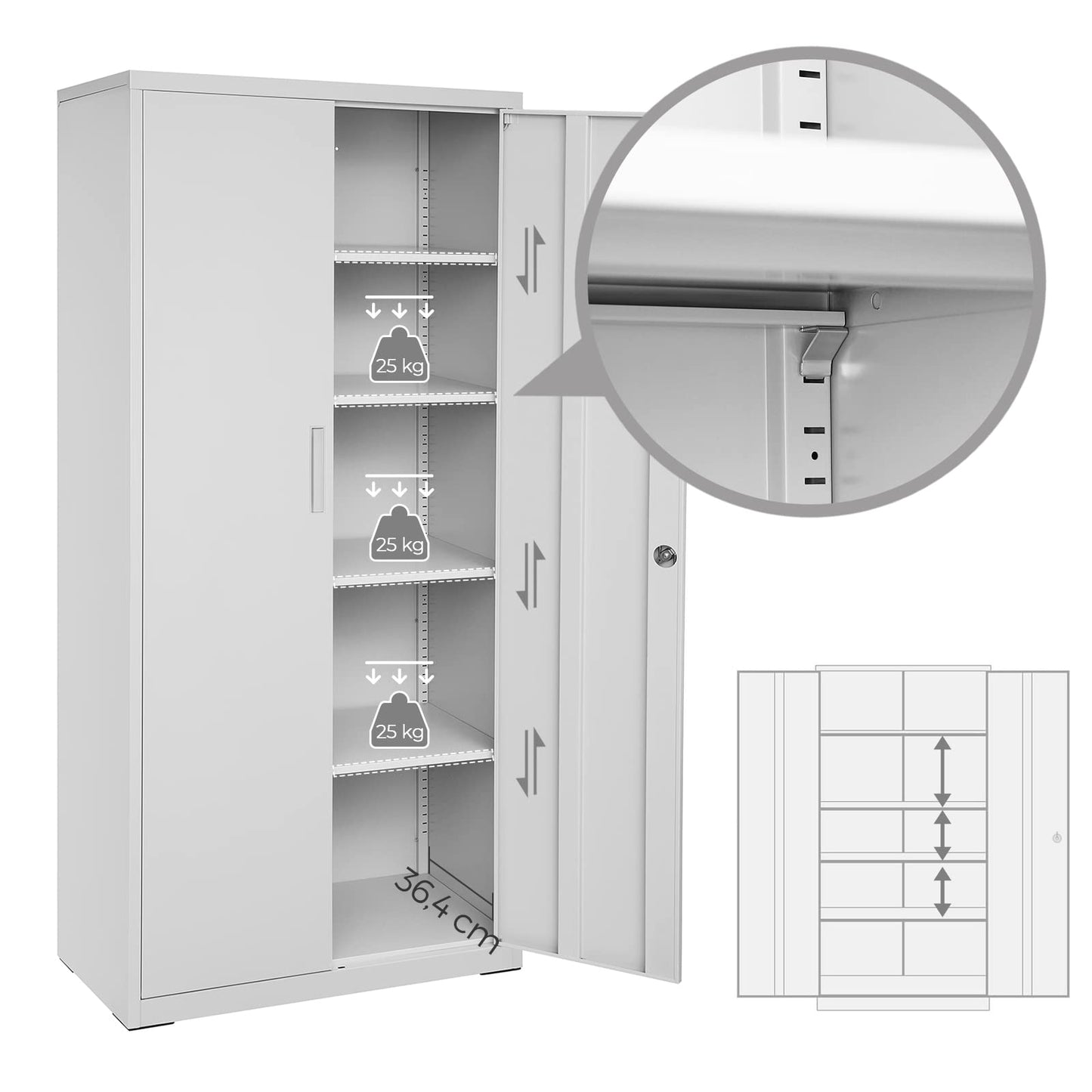 SONGMICS Aktenschrank, Mehrzweckschrank, Stahl-Aufbewahrungsschrank, 5 Ebenen, Doppeltüren, Schloss, Werkzeugschrank, verstellbare Ablagen, Garage, Büro, Wohnzimmer, grau OMC015G01