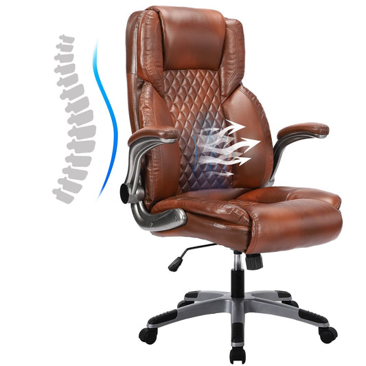 KCREAM Bürostuhl Computer hohe Rückenlehne verstellbare Flip-up-Armlehnen Ergonomischer Schreibtischstuhl Executive Diamond-Stitched PU Leder Swivel Task Chair mit Armlehnen Lendenwirbelstütze