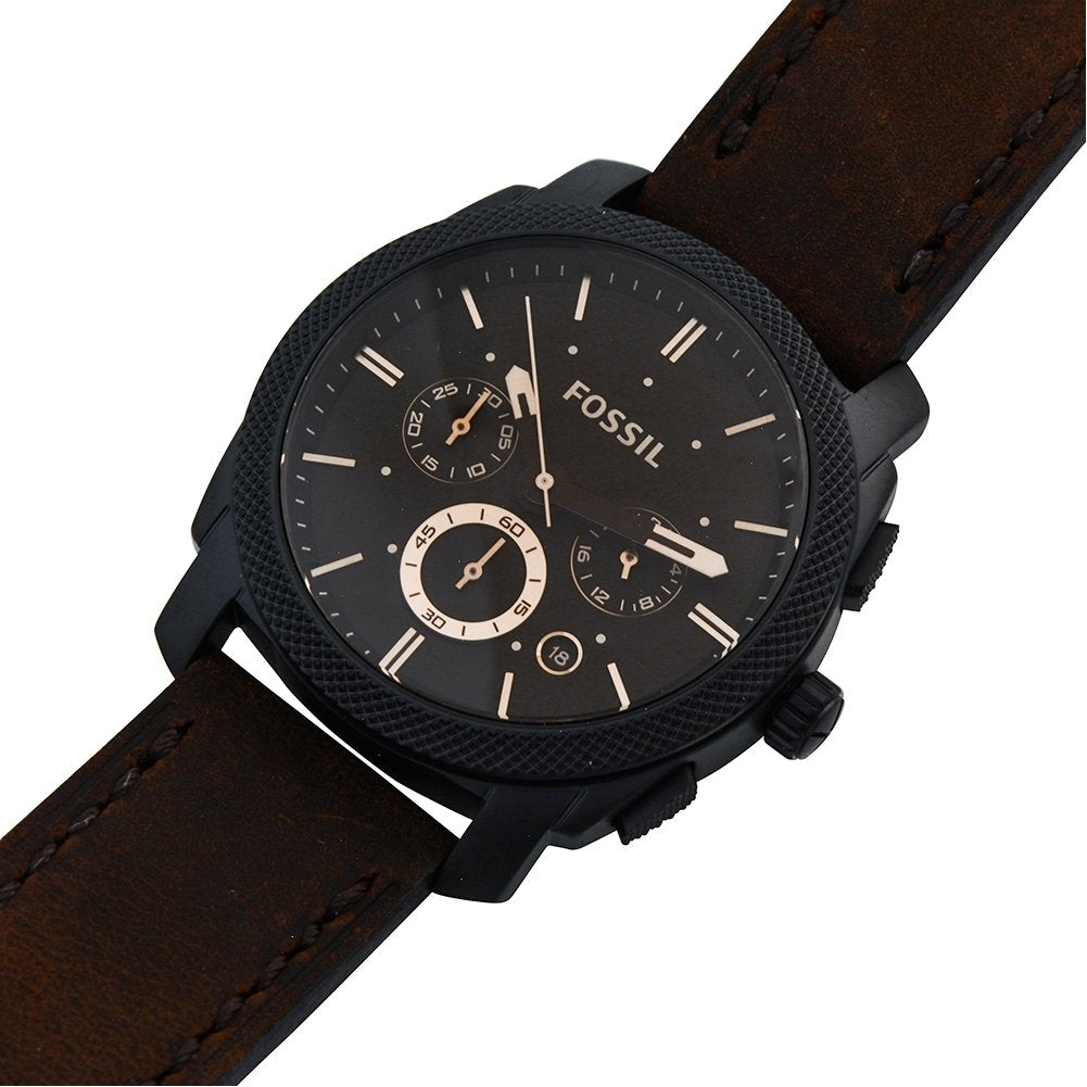 Fossil Machine uhr für Herren, Chronographenwerk mit Edelstahl- oder Lederarmband, Schwarz und Braun, 42MM