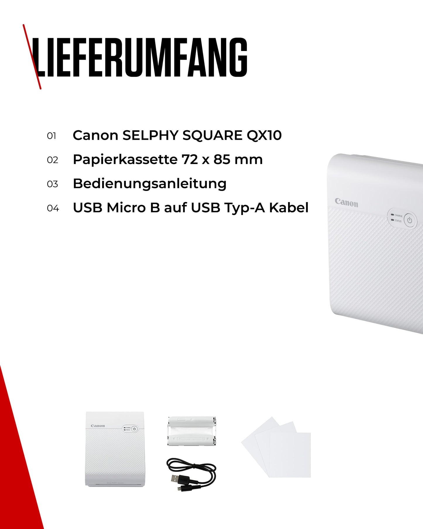 Canon SELPHY SQUARE QX10 Mini Fotodrucker mobil tragbar unterwegs (quadratischer Druck 6,8 x 6,8cm mit Kleberückseite, eingebauter Akku, WLAN, Canon App, Thermosublimation) weiß [+ 3er Druck-Set]