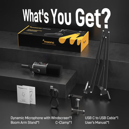 MAONO XLR/USB Streaming Mikrofon mit Arm: Dynamisches Mikrofon mit Software, Stummschalttaste, Gain-Regler, für Podcast, PC Gaming, Aufnahme, YouTube-Inhaltserstellung, Chat, PS4/5 Mac Mixer (PD100XS)