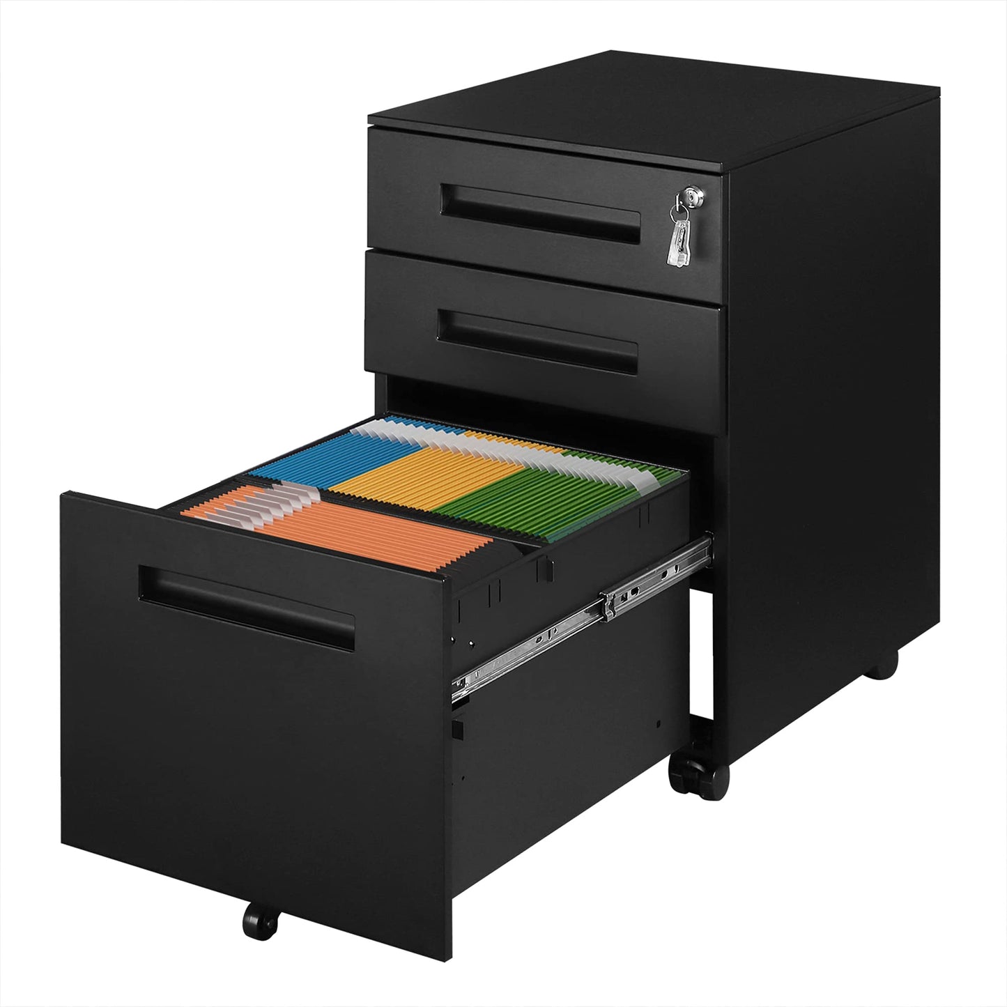 WOLTU Rollcontainer Metall, Mobiler Aktenschrank Büroschrank mit 3 Schubladen Bürocontainer, abschließbares und verstellbares Hängeregister, vormontiert, Büro, Home Office Schwarz SK023sz