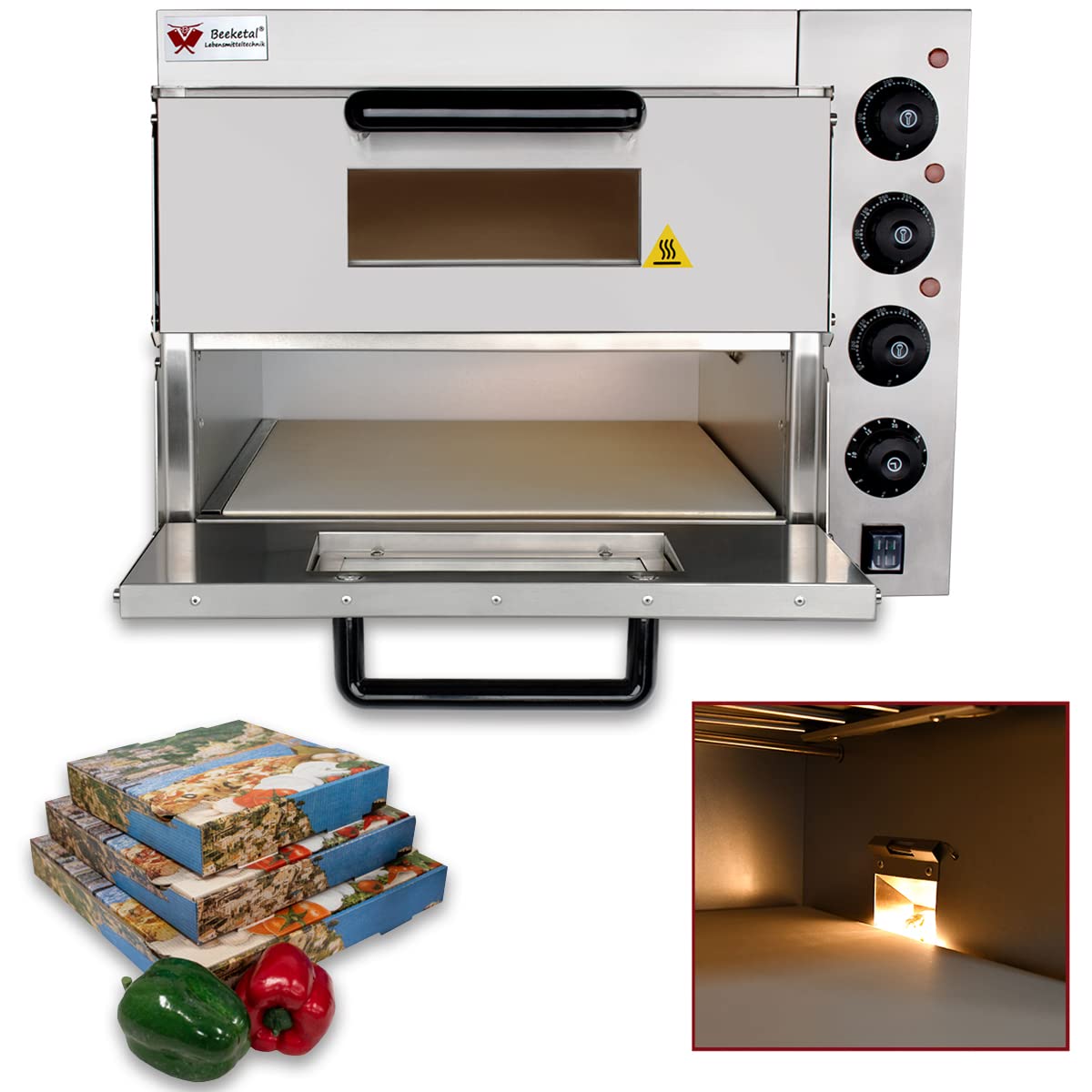 Beeketal BPO33-2 Profi Doppelkammer-Pizzaofen, 2x 400x400 mm Schamottstein, Gastro Steinbackofen mit Schaufel, 3000W, bis 350°C für Pizza und Brot