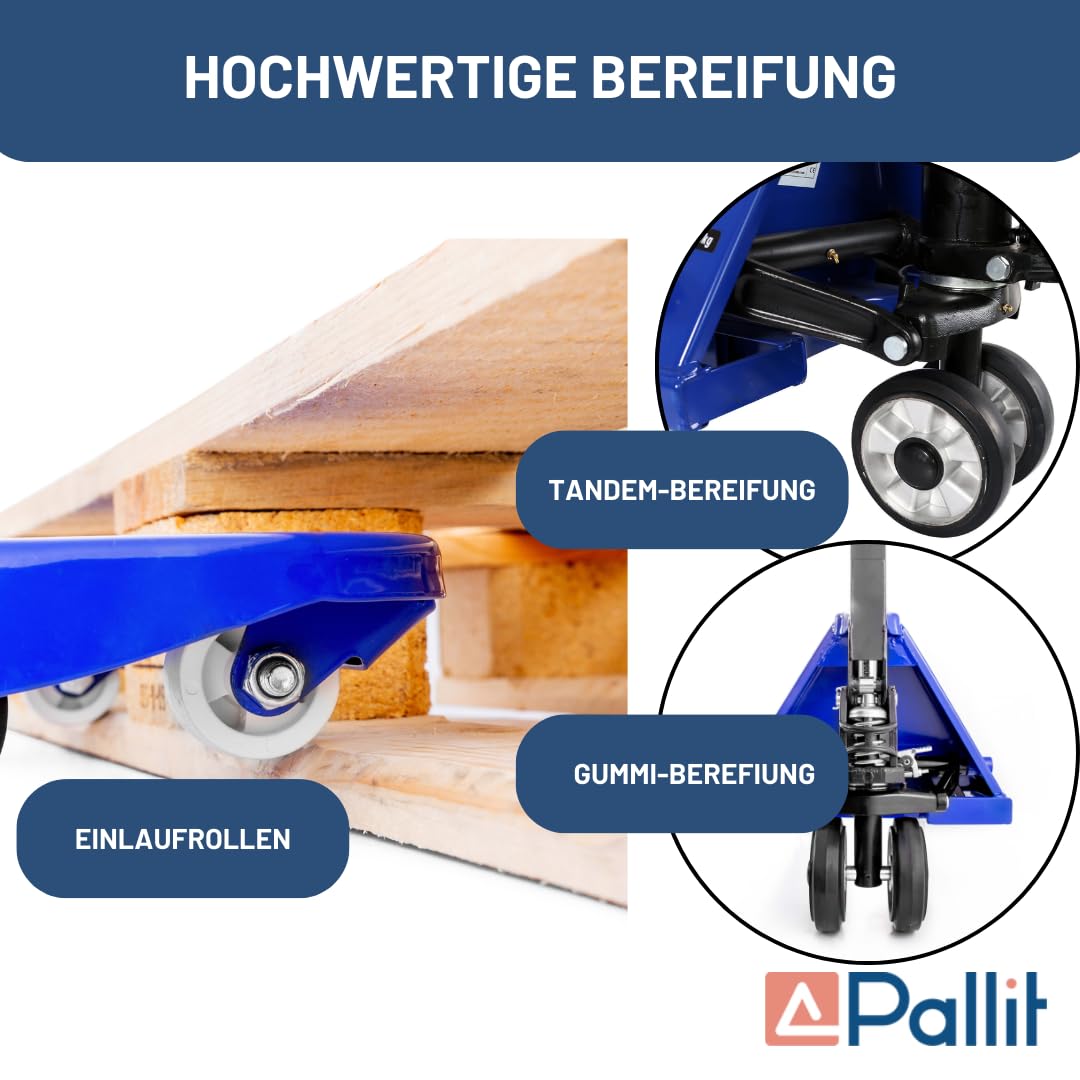 Pallit Hubwagen 2500 kg aus Stahl 1150 mm Gabellänge FIVE-R Gummirollen Gabelhubwagen Handhubwagen Palettenwagen Blau