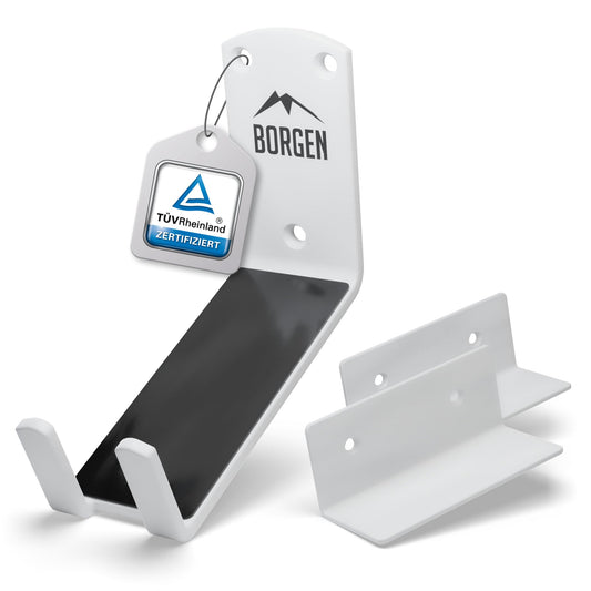 Borgen Fahrrad Wandhalterung mit 30 kg Tragkraft, Pedalhalterung für E-Bike, MTB und Rennrad, Weiß, mit Softschutz und Wandschutzpad