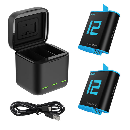 TELESIN Dreifach-Ladegerät und Akku-Speicherbox mit Ladegerät mit 3 Kanälen mit 2 Li-Ion-Akkus für GoPro Hero 12 Hero 11/10/9 Black (1 Ladegerät + 2 Akkus)