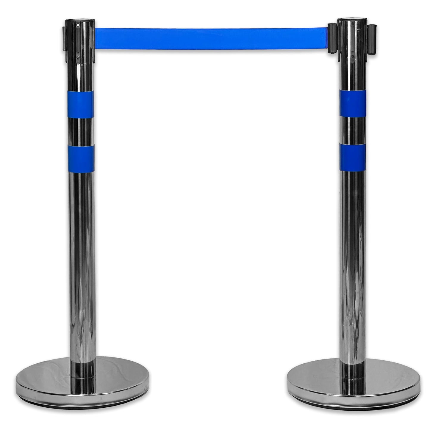 UvV BounceLine Personenleitsystem, Absperrpfosten, Edelstahl, 2 Pfosten 90 cm Hoch je 2 m Gewebeband (Stahl-6 kg (Basic), blau)