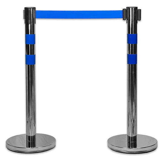 UvV BounceLine Personenleitsystem, Absperrpfosten, Edelstahl, 2 Pfosten 90 cm Hoch je 2 m Gewebeband (Stahl-6 kg (Basic), blau)
