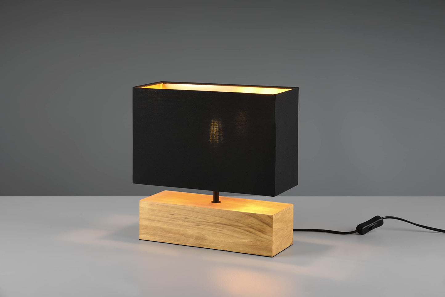 Reality Leuchten Tischleuchte Woody R50181080, Metall Schwarz matt, Fuß Holz, Stoffschirm schwarz/goldfarbig, exkl. 1x E27