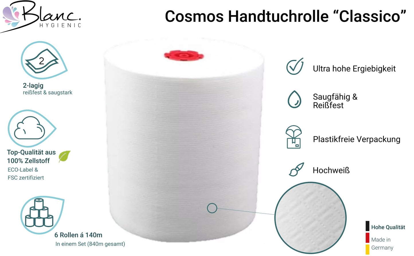 Blanc Cosmos Handtuchrollen "Classico" 840m Gesamt, 2-lagig, 140m pro Rolle, 6 Rollen, 100% Zellstoff - für Blanc Cosmos Handtuchrollenspender