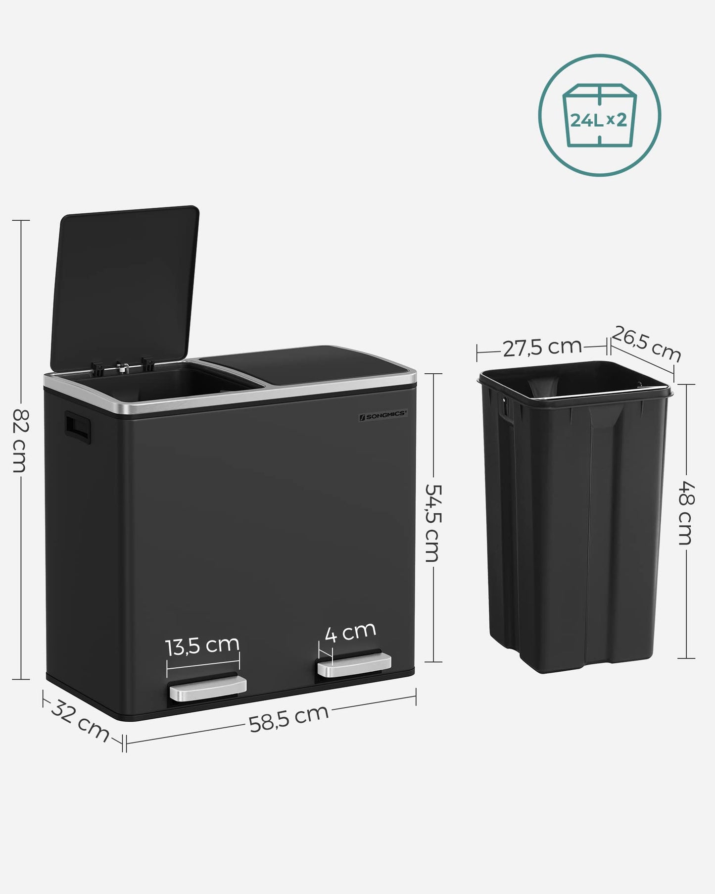 SONGMICS Mülleimer, Abfalleimer, Mülltrennsystem mit 2 Fächern, Treteimer für die Küche, x 24 L, Softclose, Inneneimer aus Kunststoff, Fußpedalen und Handgriffen, schwarz LTB48BK, 58.5 32 54.5 cm