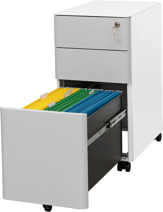 Rollcontainer mit Schubladen, Aktenschrank Abschließbar Metall, Mobiler Metallschrank für Home Office, für Rechts-/Rechtliches/Briefgröße, Komplett Montiert, Aktenschrank Weiß + Grau