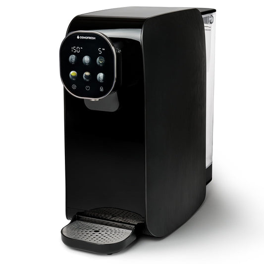 OsmoFresh Auftisch Osmoseanlage Quella Pro Black | mit Heißwasserspender | 6 Temperaturstufen | 7-fach Umkehrosmose Filterung | Wasserfilter für Küche Büro Wohnmobil | kalkfreies Trinkwasser | UV