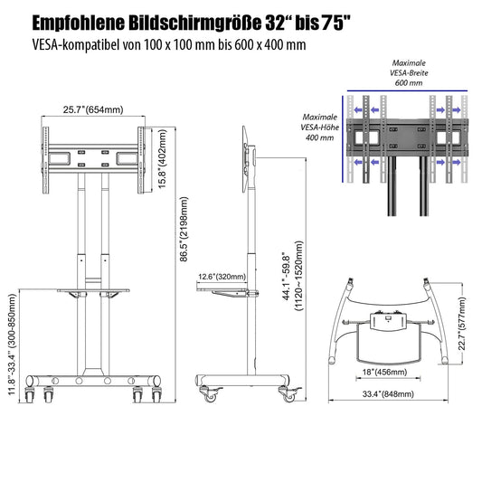 Invision TV Standfuß auf Rollen für 32-75 Zoll Fernseher Bildschirme, Mobiler TV Ständer Rollwagen, Höhenverstellbar Ultra Stabil Halterung bis 45.5kg Max VESA 600b x 400h GT1200 ScreenStation