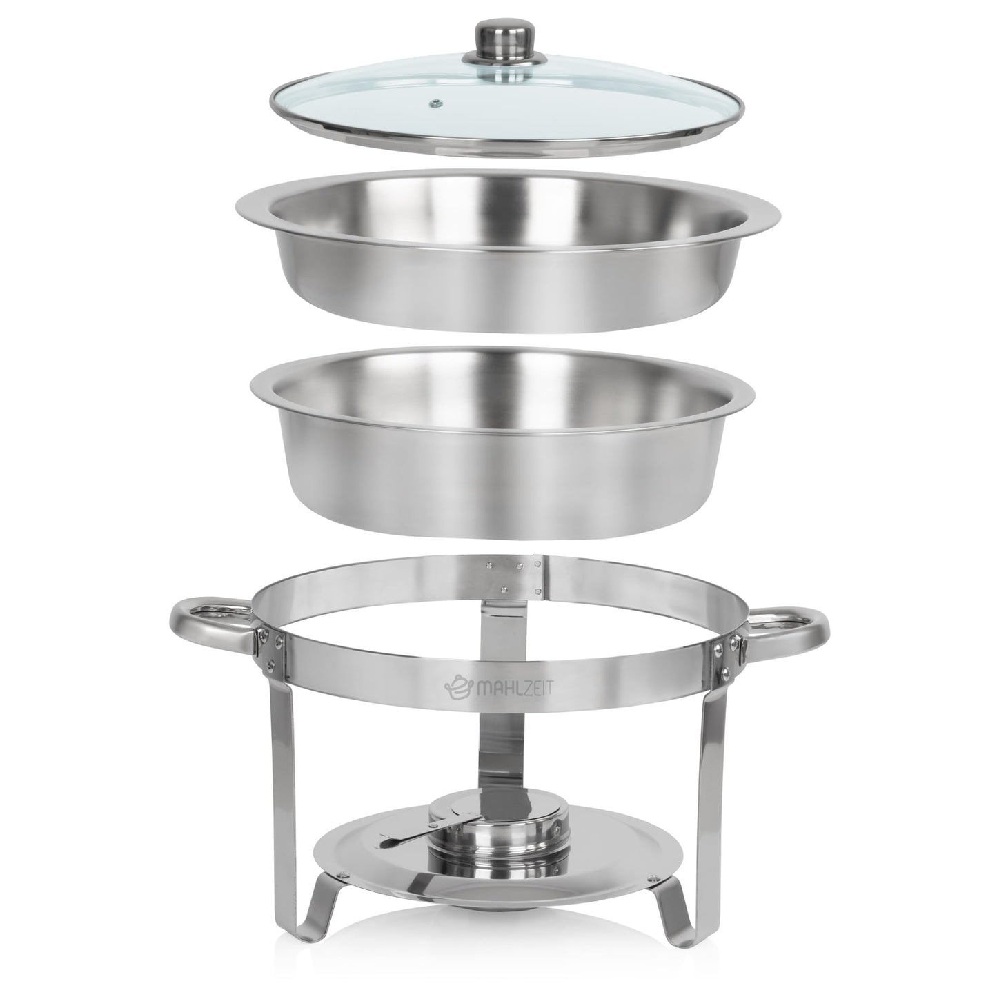 Mahlzeit Edelstahl Chafing Dish rund 4 Liter | Speisenwärmer, Wärmebehälter, Bain Marie Rechaud | Warmhaltebehälter, Chafing Dishes für Buffet Catering Gastro und Party, GN Behälter