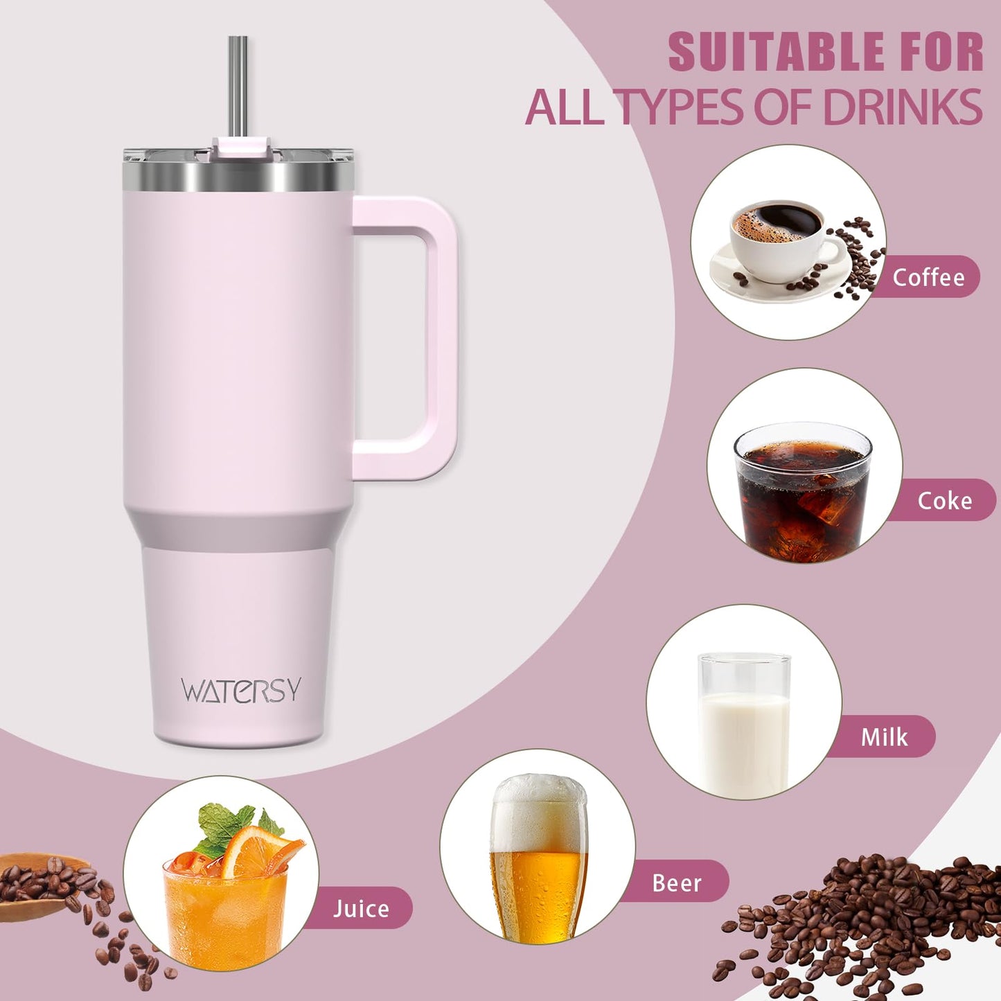 WATERSY 40oz Kaffeebecher to Go Thermobecher Doppelwandiger Edelstahl Vakuum Auslaufsicher Trinkbecher mit Griff und Strohhalm Thermo Tumbler Rosenpulver
