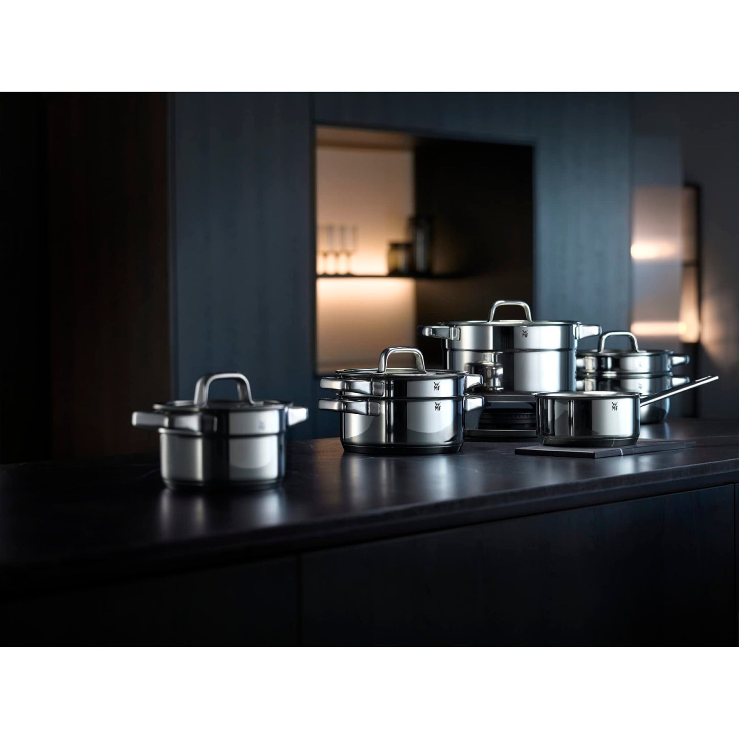 WMF Compact Cuisine Topfset Induktion 5-teilig, Kochtopf Set mit Glasdeckel, Cromargan Edelstahl poliert, Induktions Töpfe Set unbeschichtet, Innenskalierung