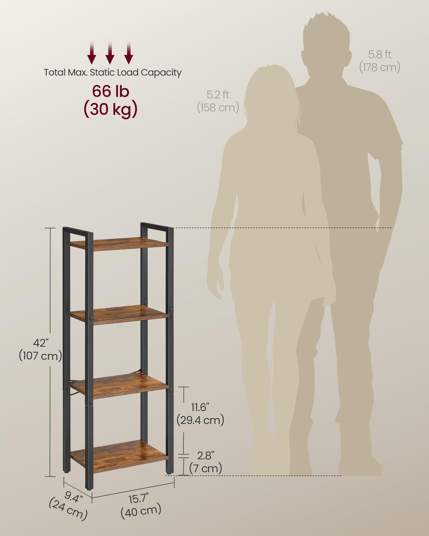 VASAGLE Bücherregal 4 Ebenen im Industriestil, Rustikales Braun und Tintenschwarz, 24 x 40 x 107 cm für Wohnzimmer und Büro