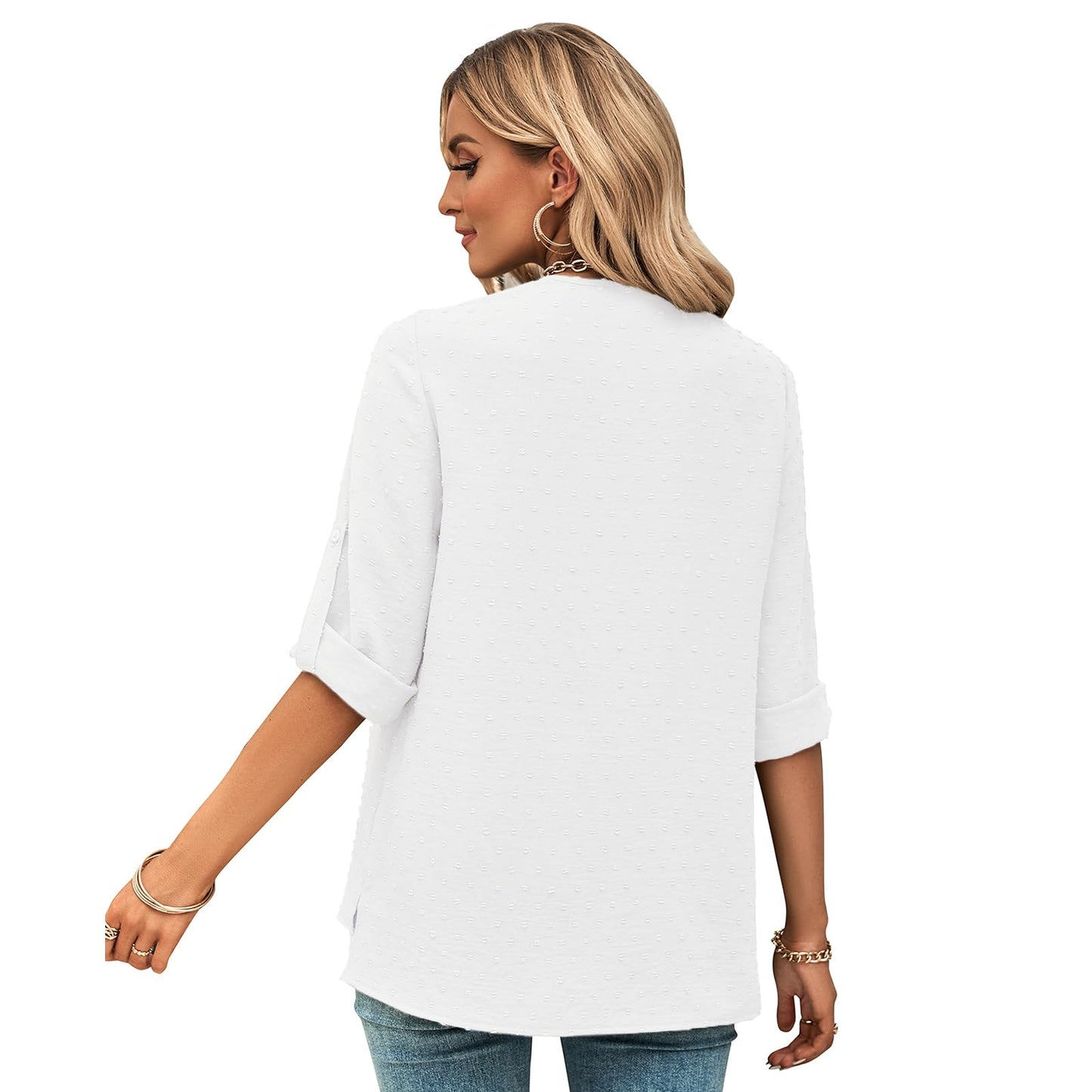 Tanmolo Bluse Damen 3/4 Ärmel mit V-Ausschnitt Elegant Oberteile Casual Swiss Dot Tops Tunika weiß, L