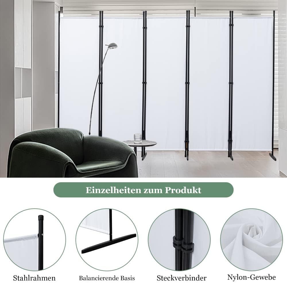 Mingone Raumteiler Trennwand Paravent 5-TLG. Sichtschutz Faltbar mit Metallrahmen Polyester-Mischgewebe für Wohnzimmer, Schlafzimmer, Küche, Büro, Balkon, Garten, Weiß, 250x176cm