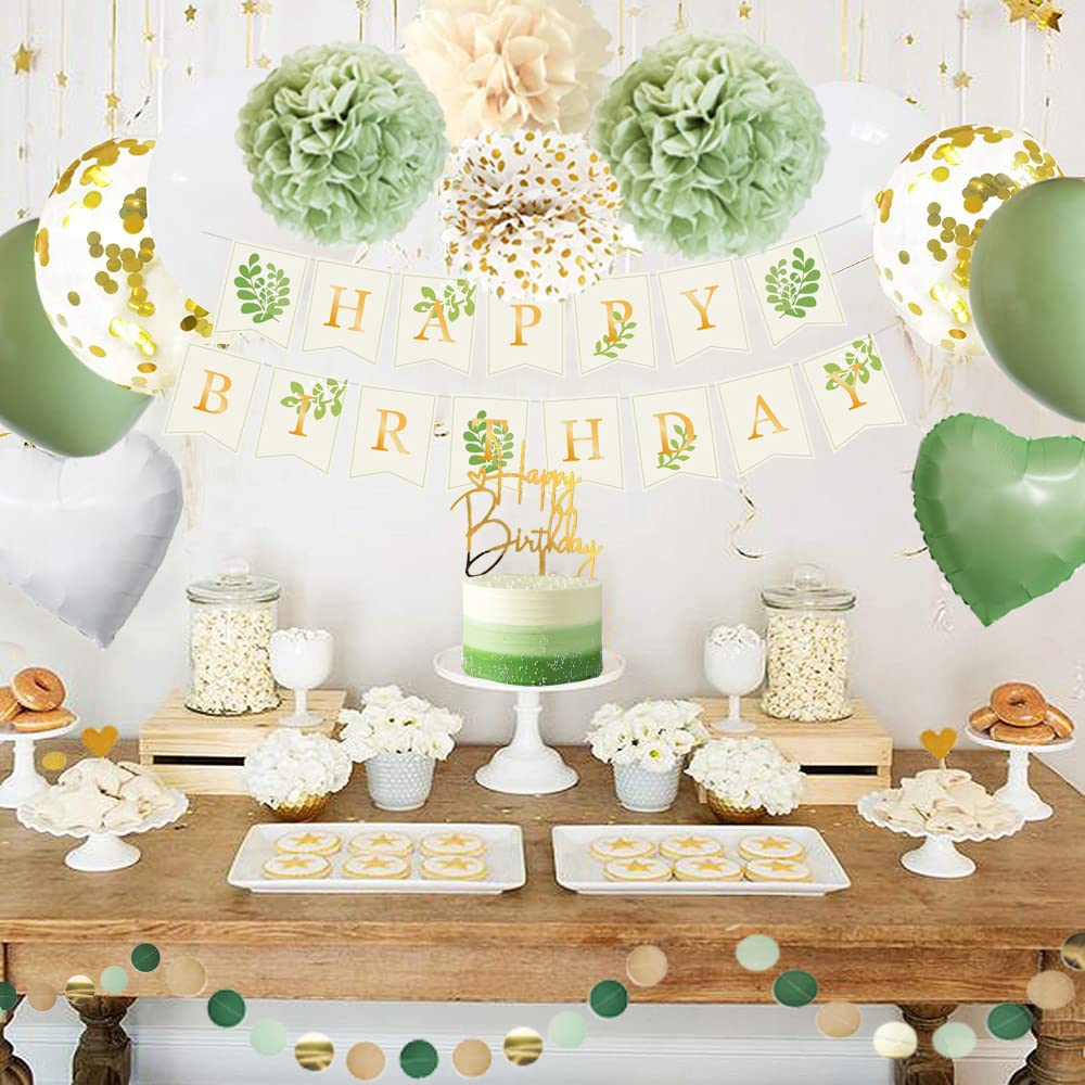 Geburtstagsdeko Grün Gold,Deko Geburtstag Mädchen,Dschungel Kindergeburtstag Deko mit Happy Birthday Banner Ballon Girlande Pompons Grün für Junge Frauen Geburtstag Party Deko