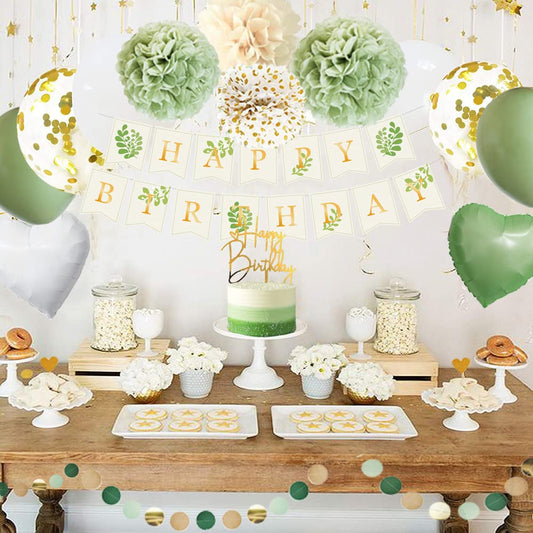 Geburtstagsdeko Grün Gold,Deko Geburtstag Mädchen,Dschungel Kindergeburtstag Deko mit Happy Birthday Banner Ballon Girlande Pompons Grün für Junge Frauen Geburtstag Party Deko