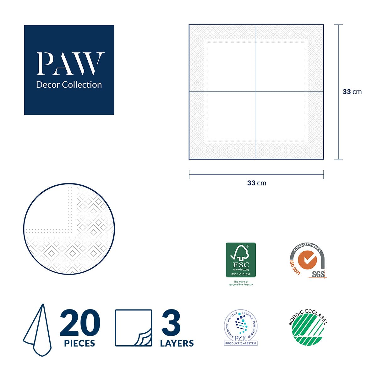 PAW - Serviette Papier 3 Plis (33 x 33 cm) I Lot de 20 I Parfait pour les Anniversaires, les Partys, les Mariages, la Kommunion et les Célébrations I Décoration de Table - Marbre Doré