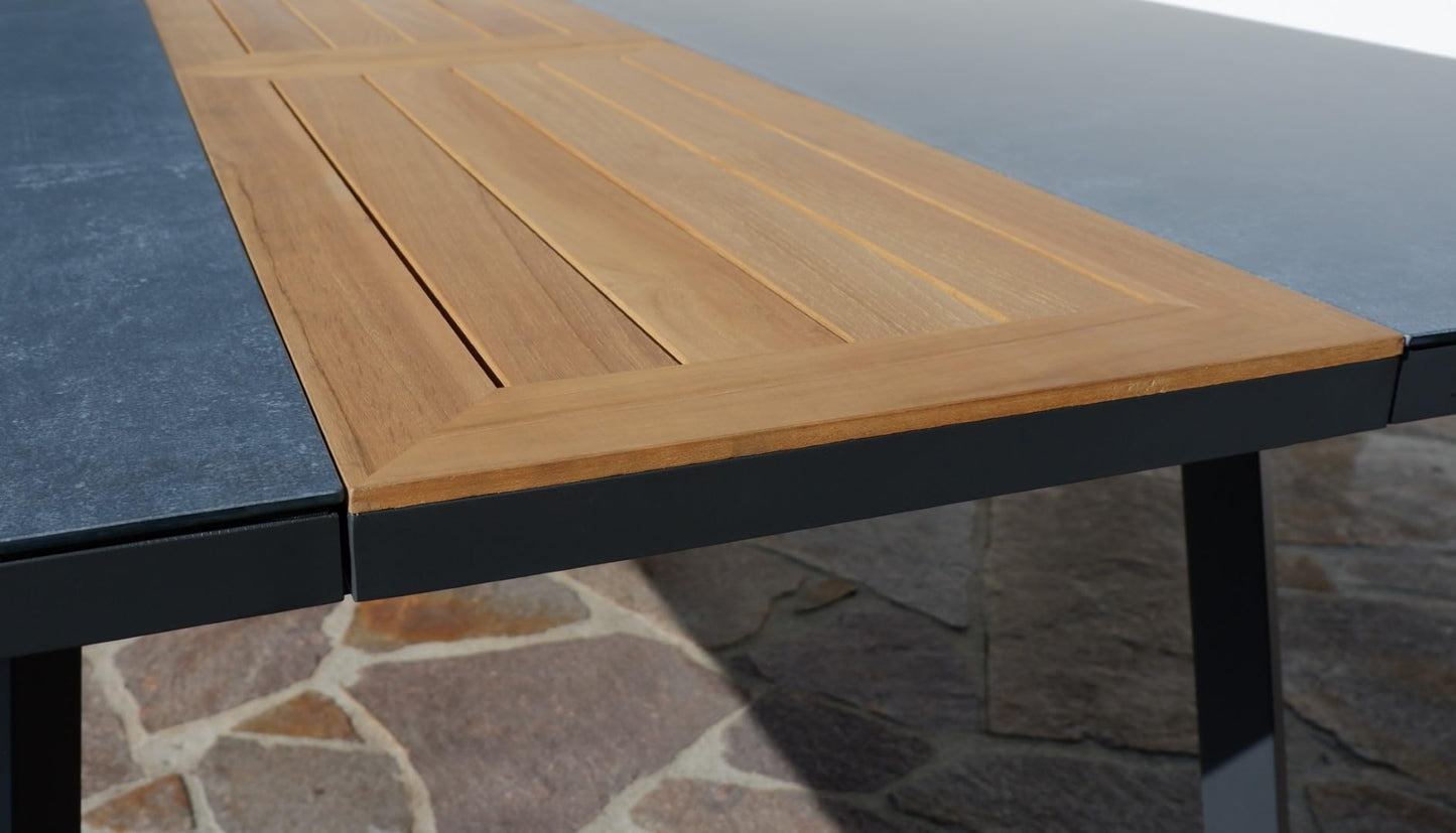 ALEOS. Gartengarnitur Gartenset Aluminium Teak Set mit quadratischem Ausziehtisch 150x110cm auf 150cm ausziehbar + 8 Stapelstühle anthrazit Trinidad