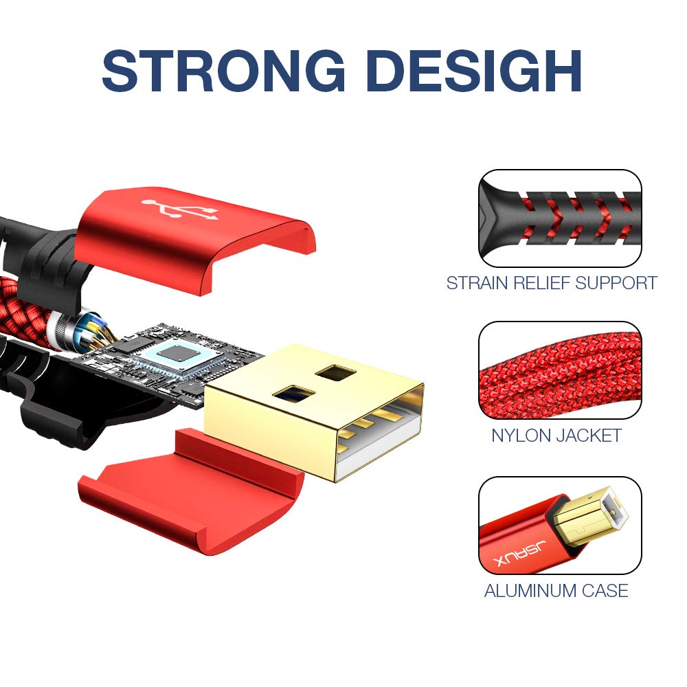 JSAUX USB Druckerkabel 3M Scannerkabel USB B Kable USB A auf USB B Drucker Kabel Printer Cable Kompatibel für HP, Canon, Brother, Epson, Lexmark, Xerox, Samsung, Dell - ROT