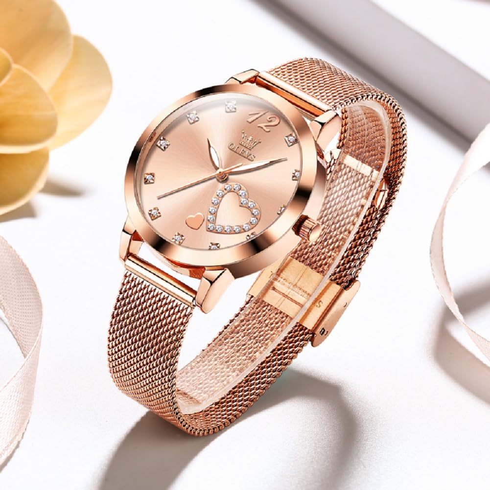 OLEVS Damenuhr Roségold mit Herz Diamant Rosa Gesicht Armbanduhr wasserdicht Armreif Armband Set Armbanduhren für Damen