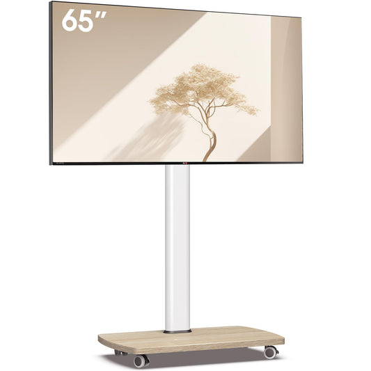 AOKCOS TV Ständer Rollbar mit Holzablage, Fernsehständer auf Rollen für 32-65 Zoll Fernseher, TV Bodenständer Höhenverstellbar Schwenkbar, bis 40 kg Max. VESA 400x400mm (Weiß+Natur)