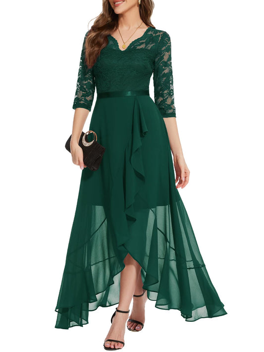 Bbonlinedress Abendkleider Langarm elegant Damen Winterkleid Spitze Chiffon V-Ausschnitt Brautjunferkleid Party Abschlusskleid Ballkleid festliches Weihnachtskleid Dark Green XL