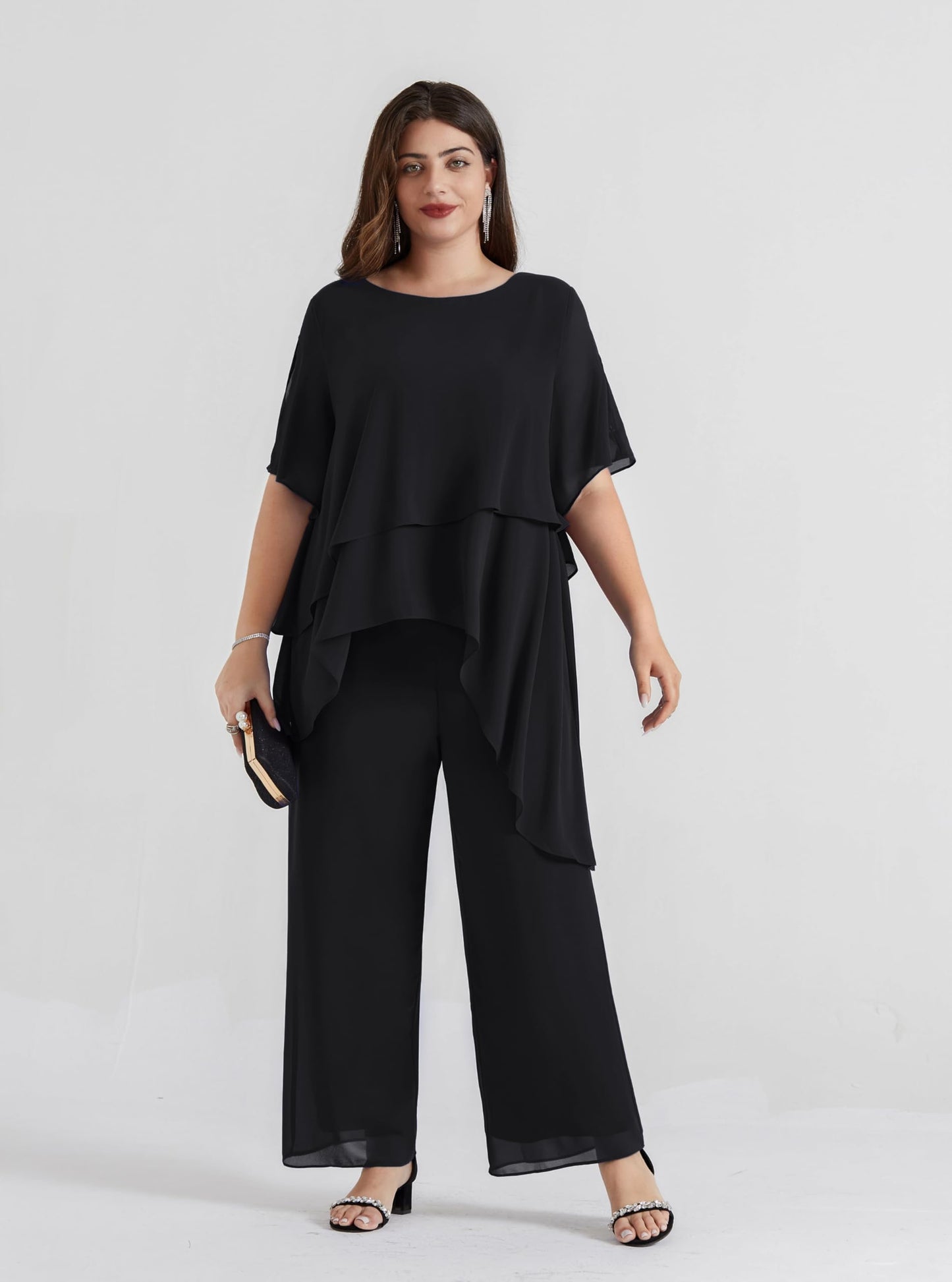 Hanna Nikole Damen Übergröße Chiffon Kurzärmel 2-Teiliges Set Kurzärmel Vorne Kurz Hinter Lang Rundhals Chiffon Hosenanzug Damen Elegant Sommer für Brautmutter Hosenanzug Black 46