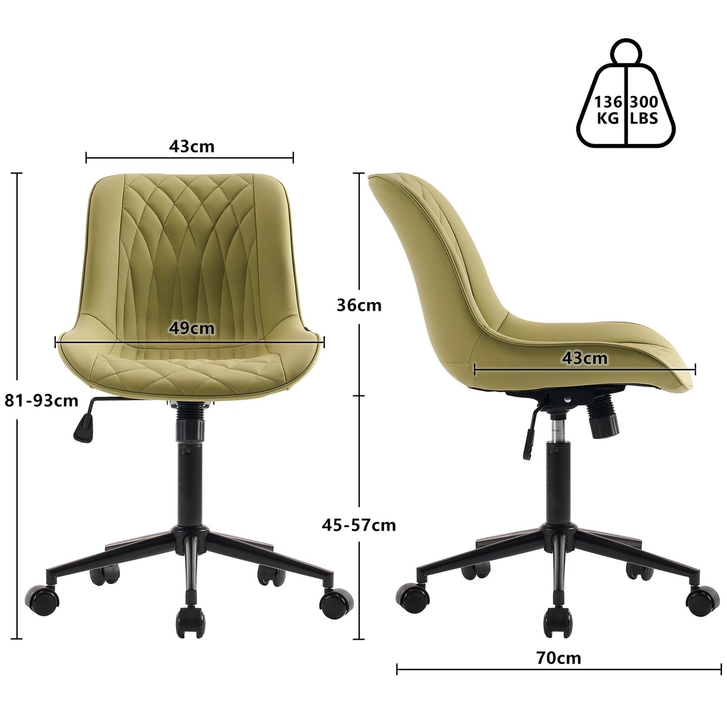 YOUNIKE Bürostuhl Schreibtischstuhl Ergonomisch PU-Leder bis 136 kg Belastbar, Drehstuhl Höhenverstellbar Computerstuhl Ohne Armlehnen, Bürostuhl mit Rückenlehne und Rollen, Avocadogrün