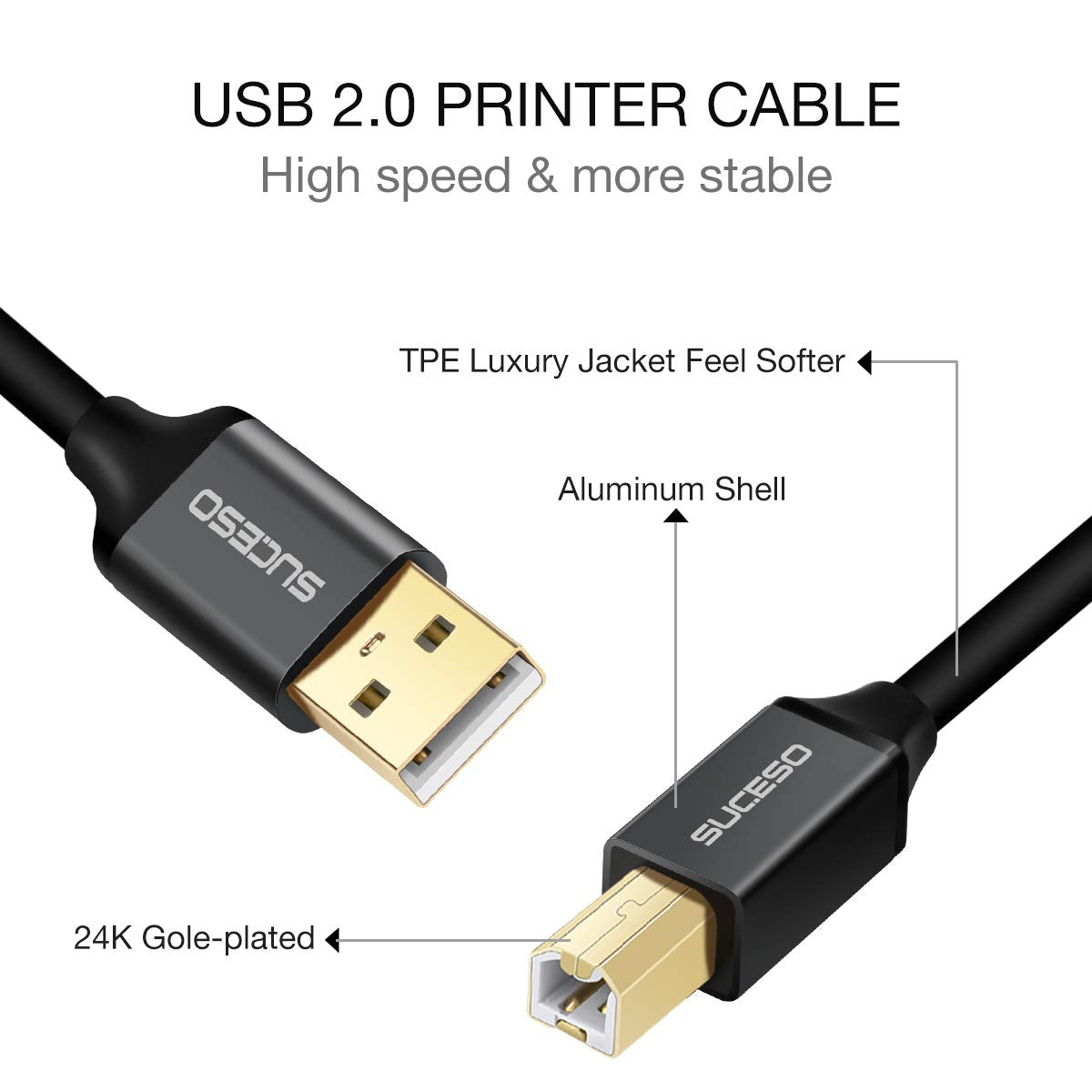 SUCESO Druckerkabel USB 2M Scanner Kabel 2.0 USB A auf USB B Drucker Kabel Typ B USB B Kabel Scannerkabel Printer Cable kompatibel mit HP, Canon, Dell, Epson, Lexmark, Xerox, Brother, Samsung usw