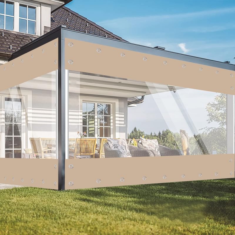 Transparente Plane mit ösen Wasserdicht 420g/m² PVC Abdeckplane Gewebeplane Windschutz Regenschutz für Garten Pavillon Terrassen Balkon Gewächshäuser (Khaki, Höhe 2.4m x Breite 2.4m)