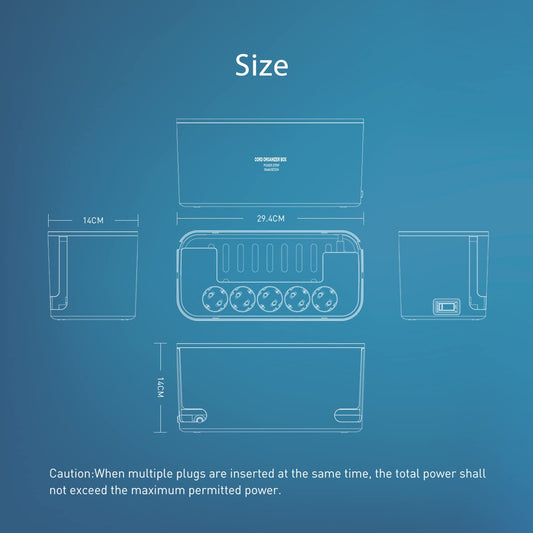 Kabelbox mit Steckdosenleiste USB Überspannungsschutz, Mehrfachsteckdose 5Fach mit 3USB Ladeanschlüsse, Kabel Organizer Box Steckdosenadapter (2500W) mit 2M Kabel, 29.5 * 14 * 14CM, Schwarz