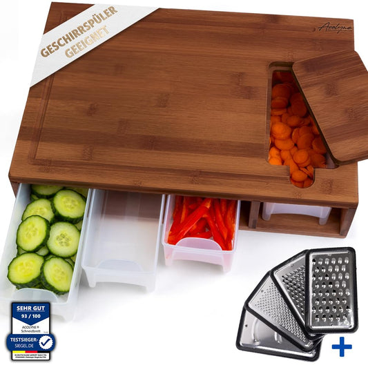 𝐀𝐜𝐨𝐥𝐲𝐧𝐞® XXL Schneidebrett mit Auffangschale KARBONISIERTEN BAMBUS mit 4x Schäler-Aufsatz und Abdeckung Frankfurter Brett Schneidebrett Holz Cutting board Wood multifunktionales Küchen Set
