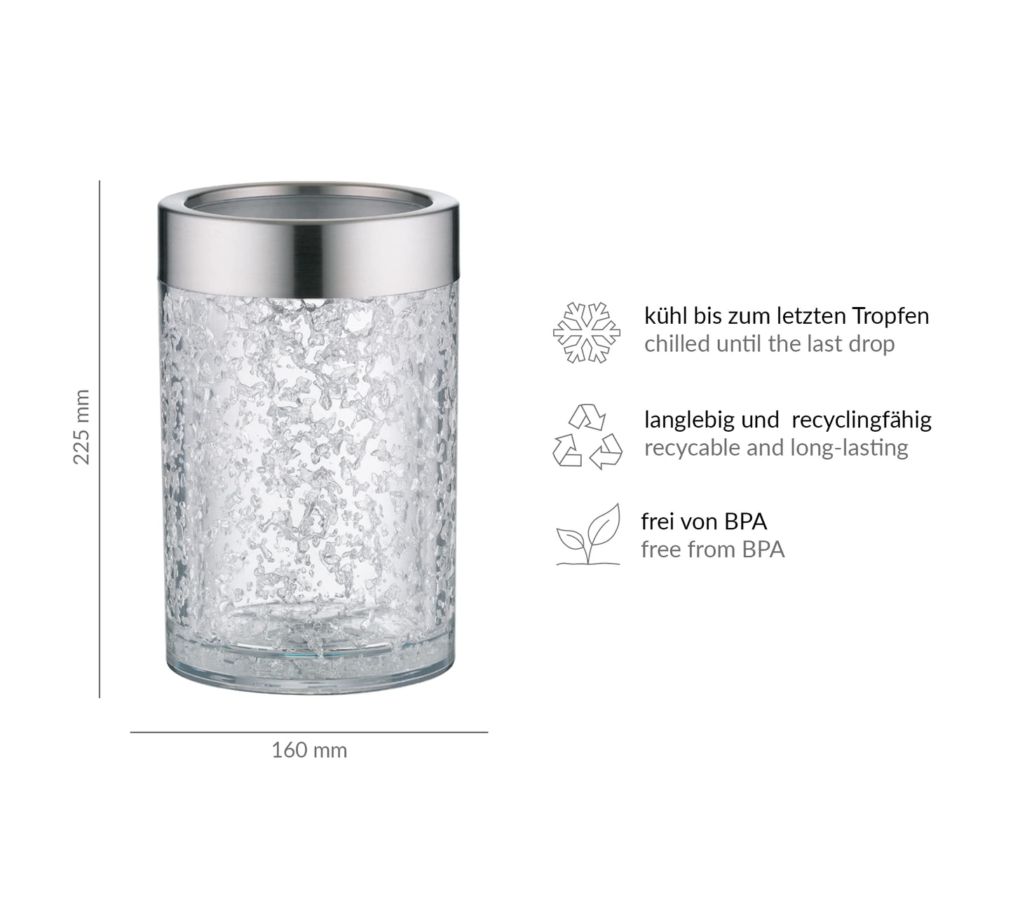 alfi Weinkühler Crystal Ice, Aktiv-Flaschenkühler aus doppelwandigem Acryl, 0355.011.000 Sektkühler einfach im Gefrierfach vorkühlen, Getränkekühler hält Flaschen über Stunden kalt, 16.3 x 16.3 x 22.7 cm