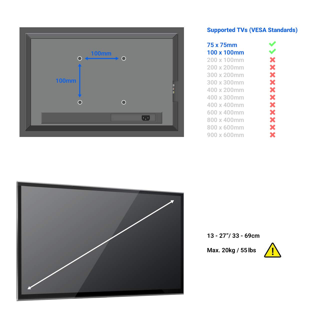 deleyCON Universal TV & Monitor Wandhalterung 13"-27" Zoll (33-69cm) - bis 20Kg & VESA 100x100mm - Neigbar + Schwenkbar - Wandabstand nur 75mm