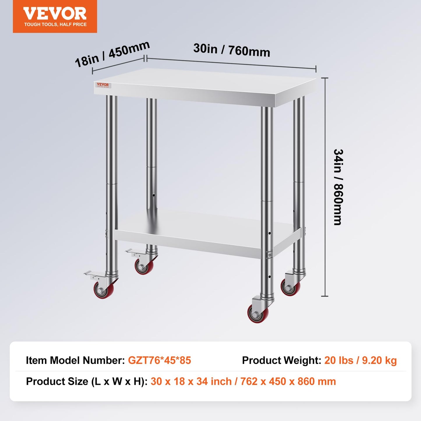 VEVOR Arbeitstisch Edelstahl 76 x 46 x 86 cm Werkbank Catering Arbeitstisch etwas 100 kg für Belastbarkeit Lebensmittel Zubereitungstisch Gewerbliche Arbeitstisch für Küche 4 verstellbare Füße