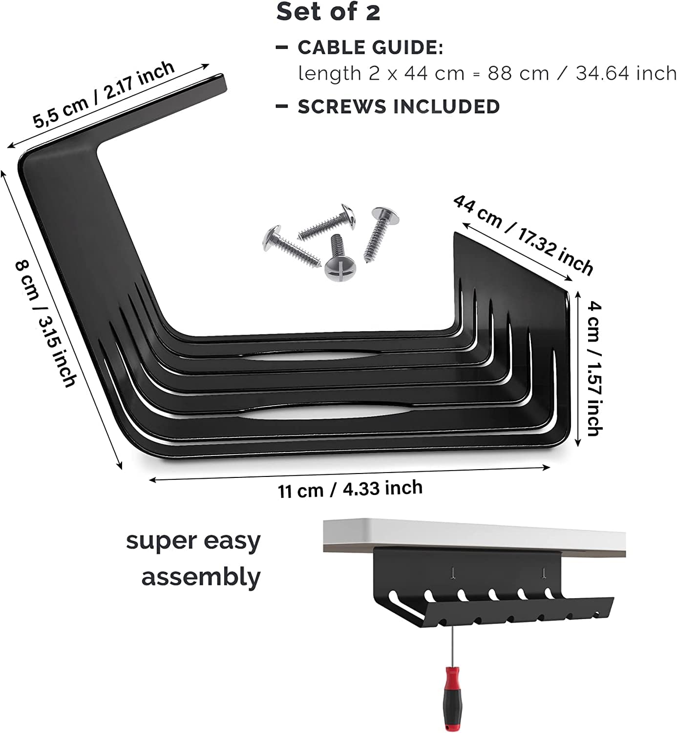 PAMO Kabelkanal Schreibtisch 2er Set zur einfachen Montage untertisch I inkl. 10x Klett Kabelbinder und Kabel-Clips I Schreibtisch Organizer für Büro/Home Office Tisch