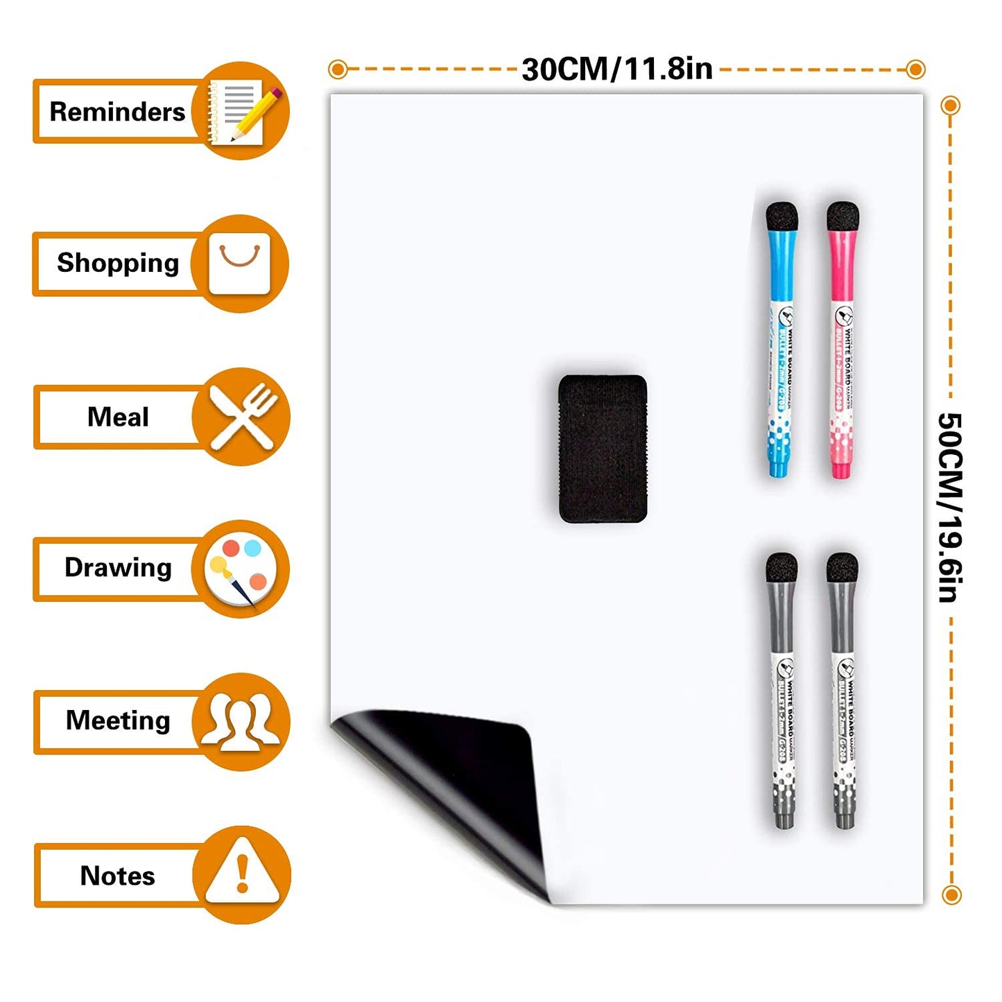 CUHIOY Magnetisches Whiteboard Kühlschrank Magnettafel A3 für Familie Menü Wochenplaner, Einkaufsliste, Memo Erinnerung Notiz,Kinder Graffiti abwischbar Flexible Magnet White Board,4 Markers 1Radierer