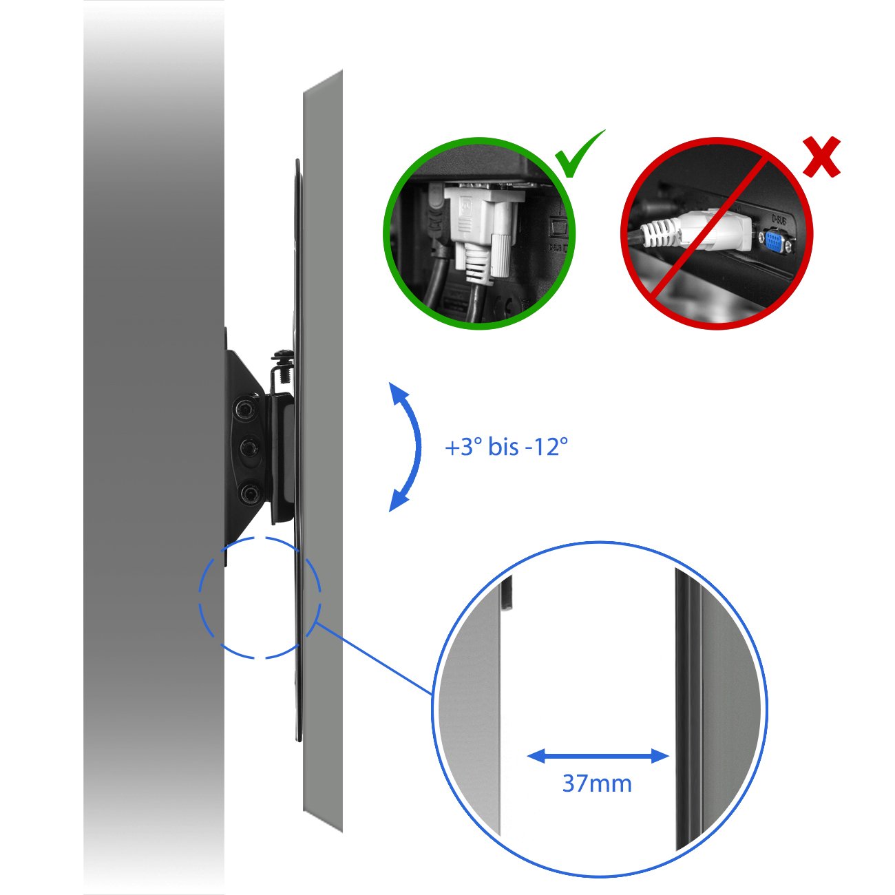 deleyCON Universal TV & Monitor Wandhalterung 17"-47" Zoll (43-119cm) bis 30Kg - Neigbar - bis VESA 200x200mm - Wandabstand nur 37mm - TV Monitor Halterung