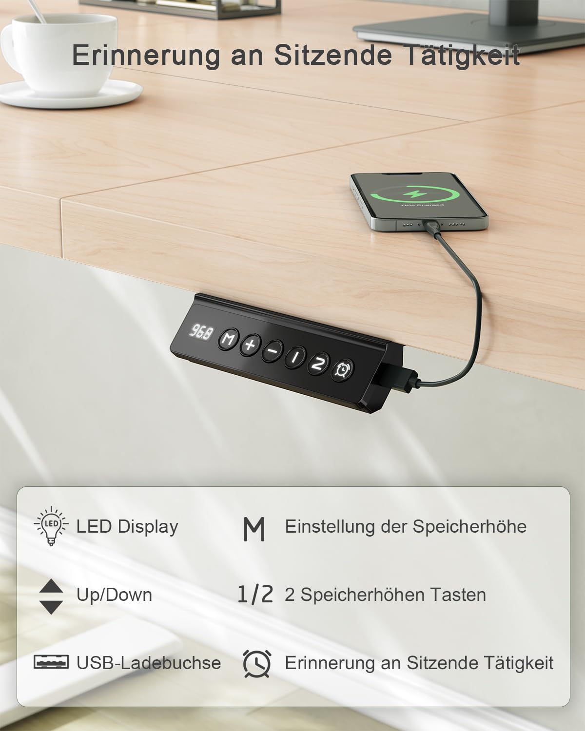 JUMMICO Elektrisch Höhenverstellbarer Schreibtisch 180 × 80 cm – Beige, mit USB & Memory