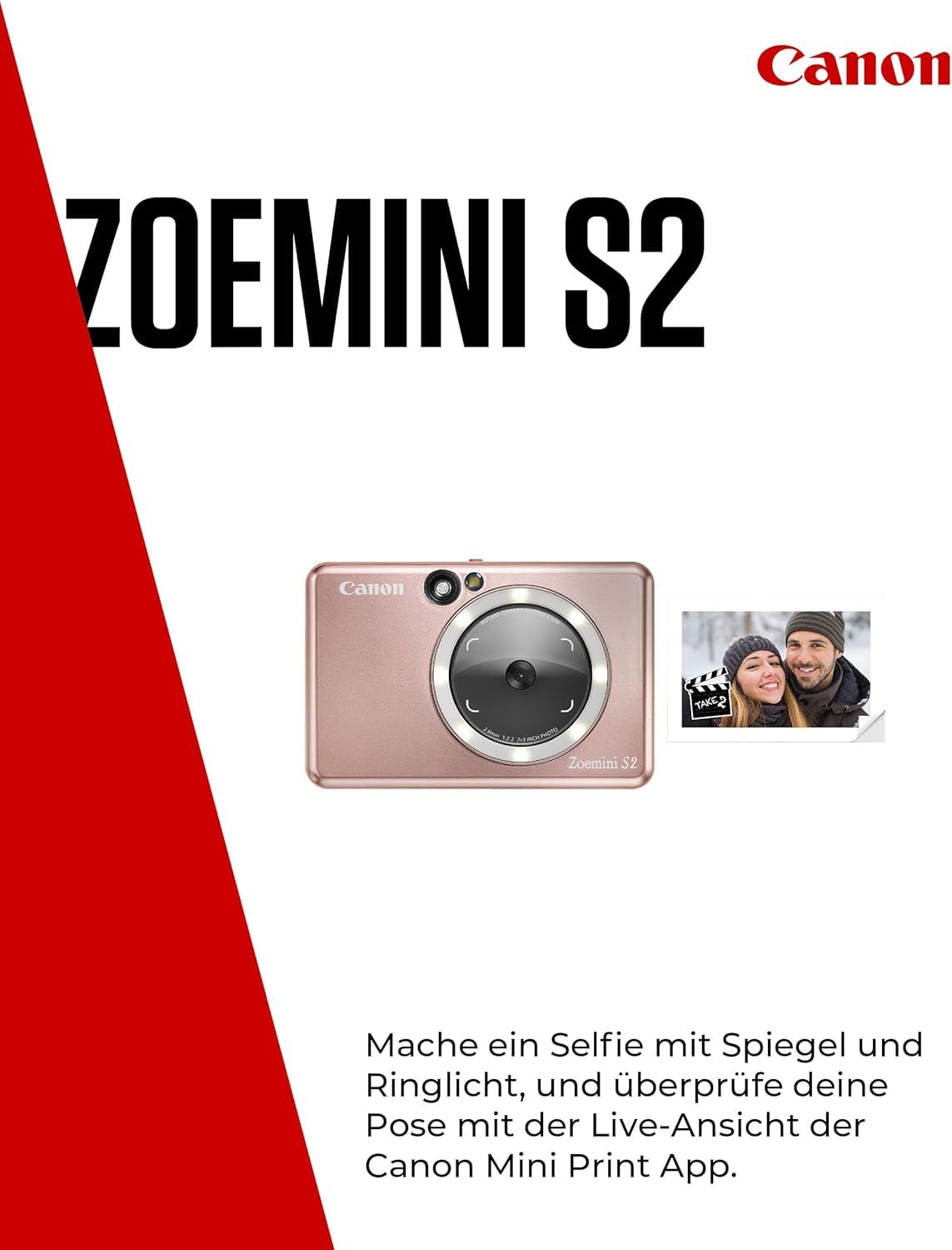 Canon Zoemini S2 Mini Sofortbildkamera + Fotodrucker mobil tragbar unterwegs Hosentasche (Fotodruck 5x7,6 cm, kabelllos, eingebauter Akku, Canon App, Bluetooth) roségold [+ 10er Zink Druck-Set]