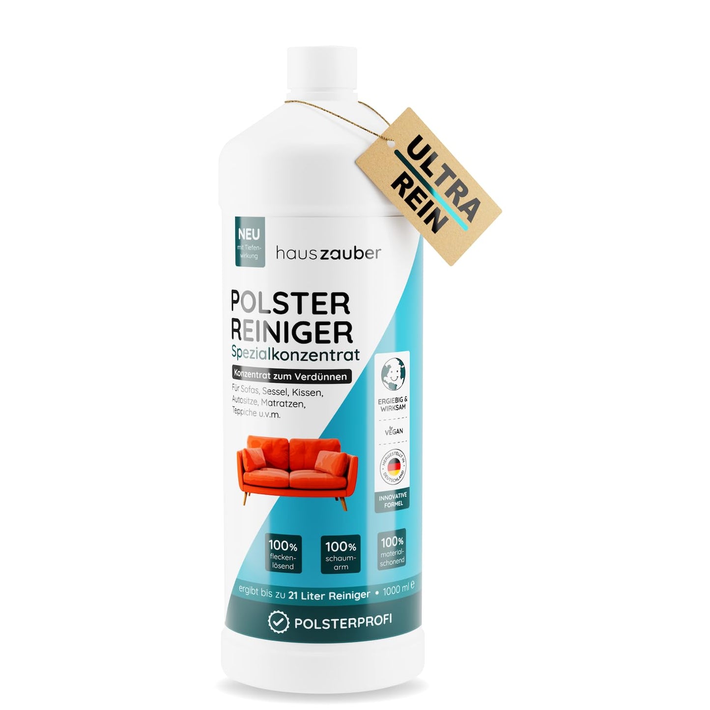 hauszauber® - Polsterreiniger Konzentrat [EXTRA REIN] - 1000 ml - Für Waschsauger, Nasssauger und manuelle Reinigung - Sofa, Auto, Couch, Sessel, Teppich - Fleckenentferner