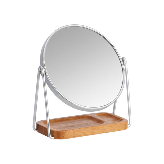 Amazon Basics Rund, Tischplatte Montage Kosmetikspiegel mit rechteckiger Bambus-Ablage, Vergrößerung 1-fach/5-fach, Klar, 7.2" x 3.35" x 8.39"